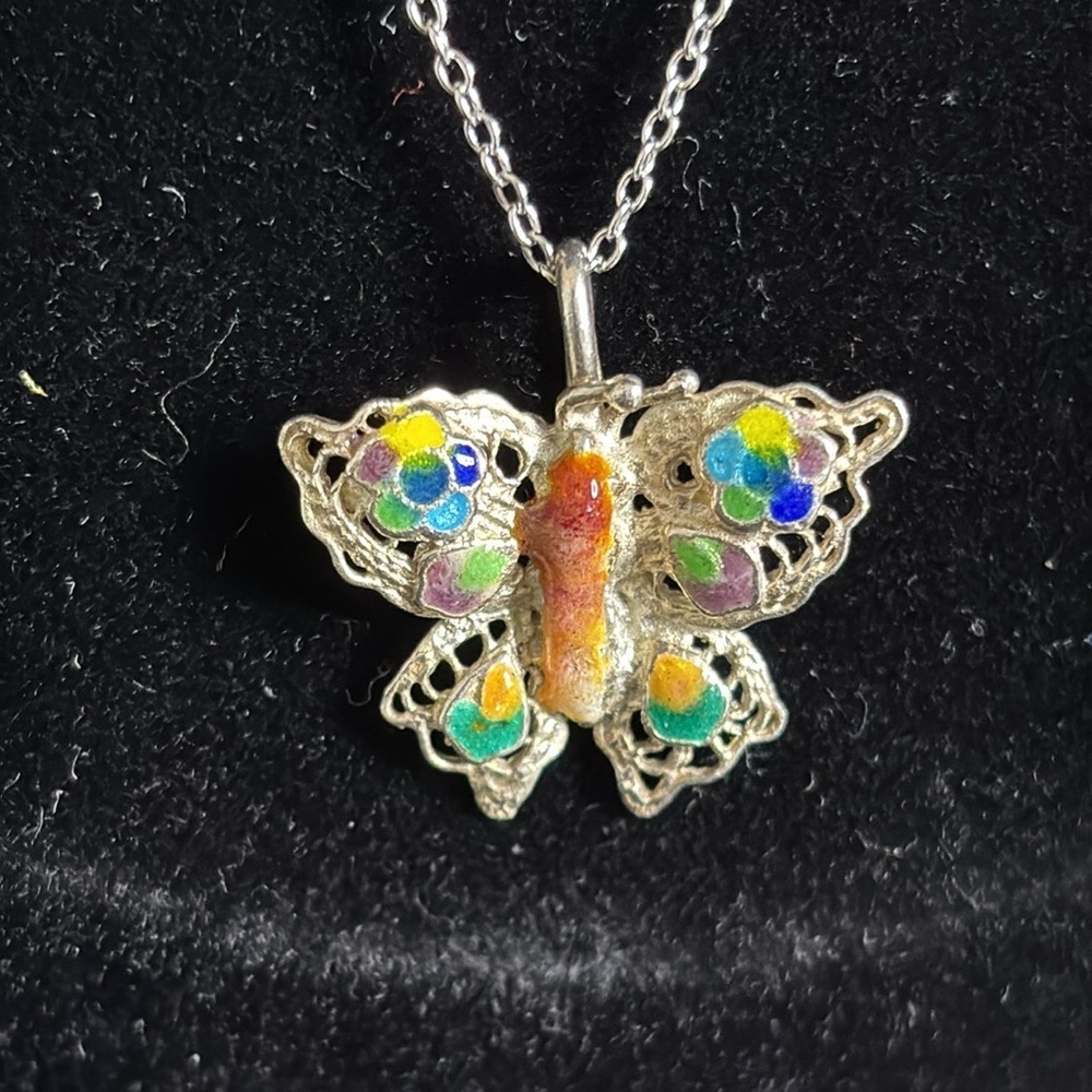 Sterling Silver Chain Butterfly Vintage Enamel Dainty Pendant Necklace
